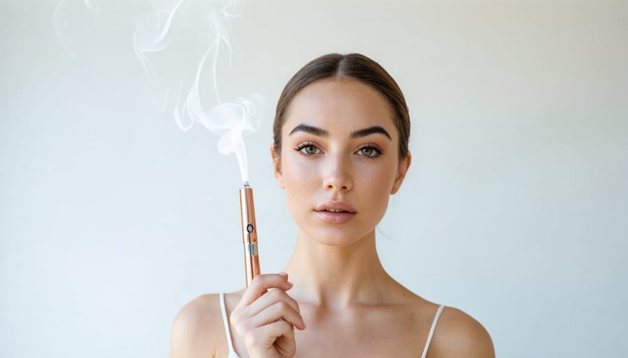 Elegant slim vape pen being held by small feminine hands