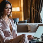 "A stylish woman in a luxurious silk lounge set enjoys an online casino night in a sophisticated, ambient living room setting."