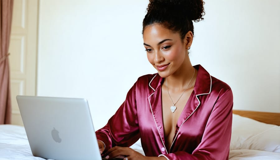 Stylish woman wearing luxurious silk pajama set while enjoying online casino games