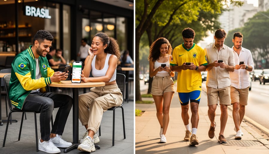 Woman wearing Brazilian sports-inspired casual outfit at outdoor cafe demonstrating versatile everyday styling