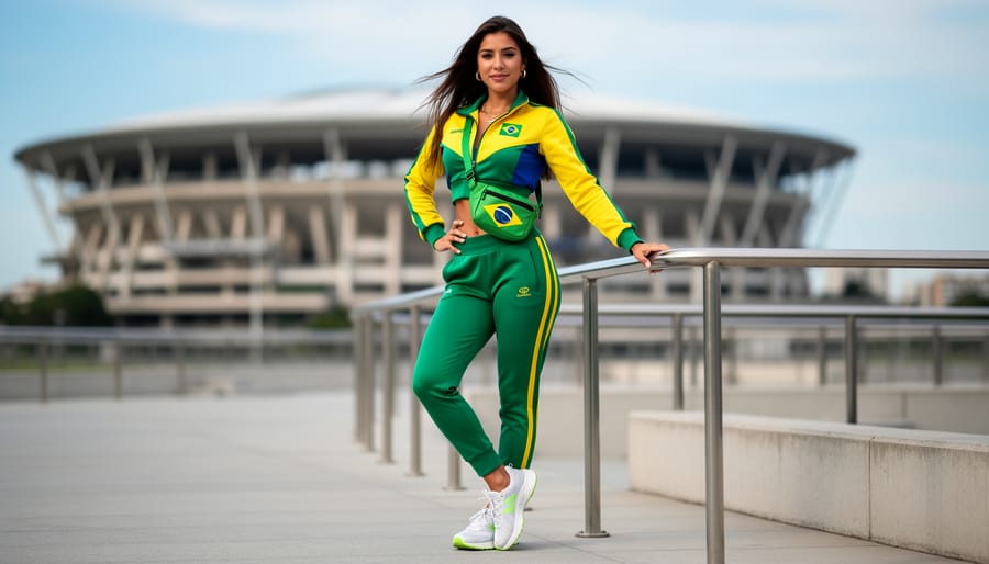 Woman wearing vibrant yellow and green Brazilian sports-inspired fashion outfit on urban street