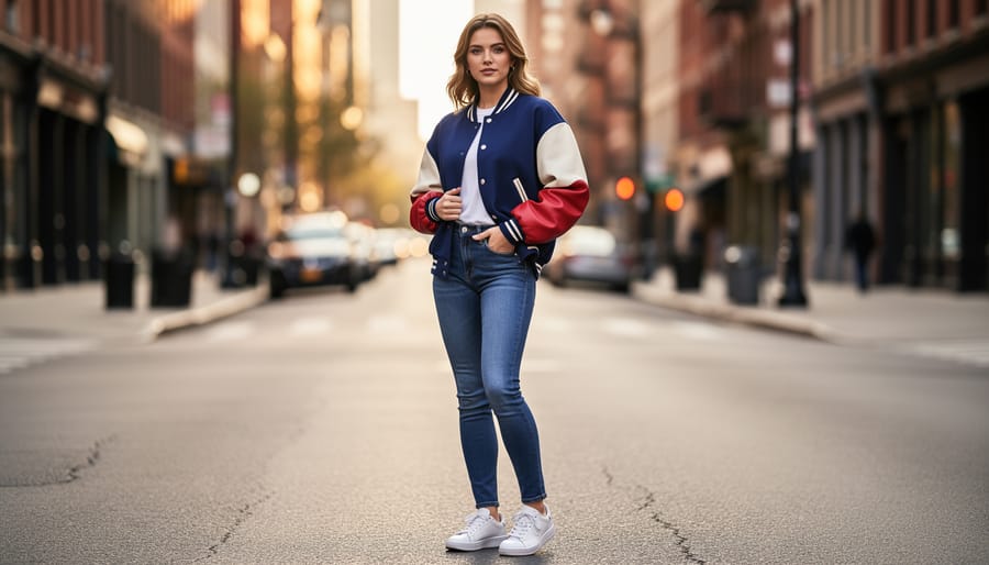 Petite woman styling oversized Brazilian sports jersey with fitted jeans demonstrating proportion balance