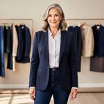 Petite woman in her 50s wearing a navy blazer, white button-down, and dark jeans in a well-lit boutique, with a softly blurred capsule rack of straight-leg pants, pencil skirts, and blazers in the background.