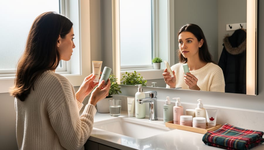 Hands holding skincare products on a bathroom countertop in soft daylight