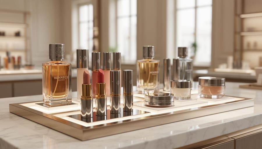 Close-up of Chanel cosmetics products arranged on a luxury retail counter with a mirror behind them