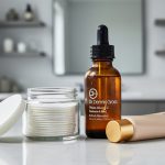 Close-up of skincare products, including peel pads, a vitamin C serum dropper, and a retinol alternative tube, arranged on a clean vanity counter in soft natural light.
