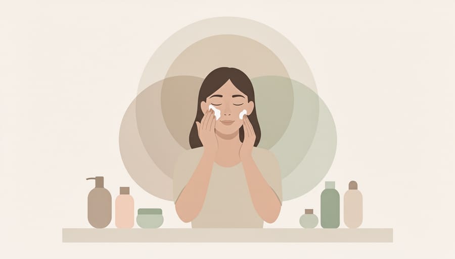 Person gently applying skincare onto the back of their hand in a bathroom setting