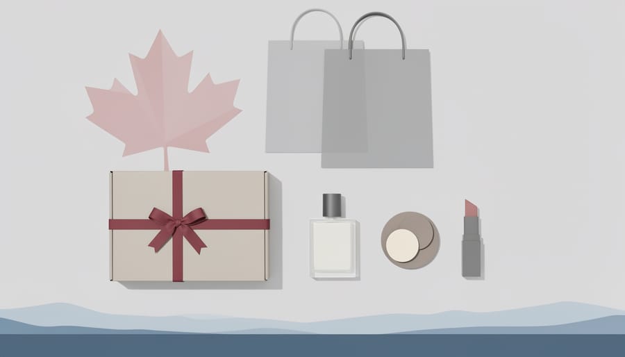 Luxury makeup items and a parcel on a clean tabletop suggesting convenient Chanel shopping in Canada