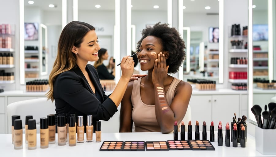 Canadian shopper receiving a makeup application during an in-store consultation at a luxury beauty studio