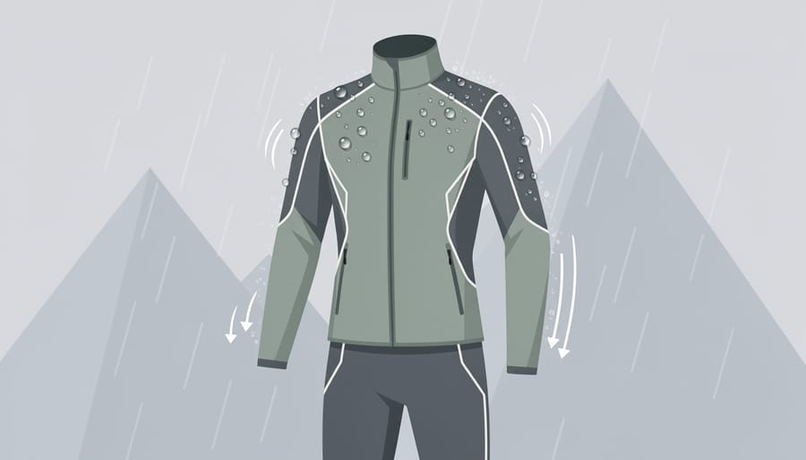 Close-up of hands adjusting trail running apparel seams with visible water beading on a technical outer layer