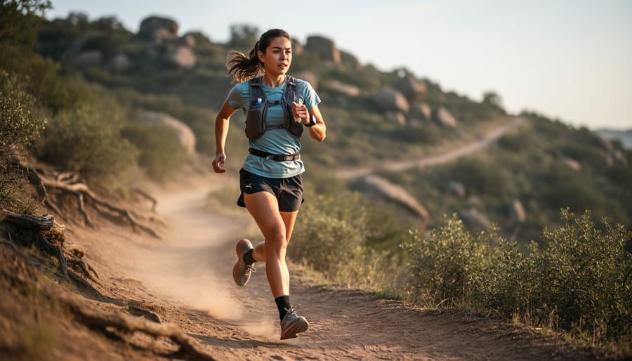 Petite woman trail running on a dirt path wearing moisture-wicking top, trail shorts with storage, and a lightweight wind shell