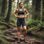 Petite woman in well-fitting trail running apparel standing on a rocky muddy forest trail, adjusting her running gear with an outdoorsy, adventurous look.