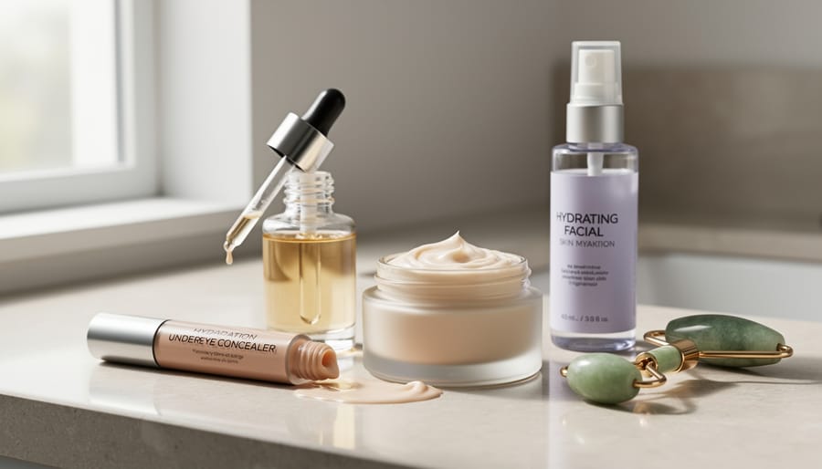 Close-up of under-eye concealer tube and skincare items on a vanity with soft studio lighting