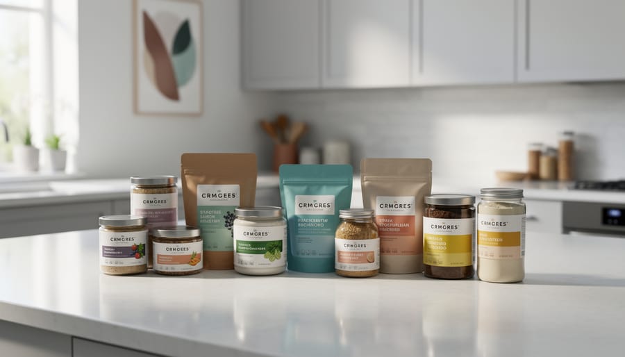 Skincare bottles and peel pads arranged on a marble vanity countertop