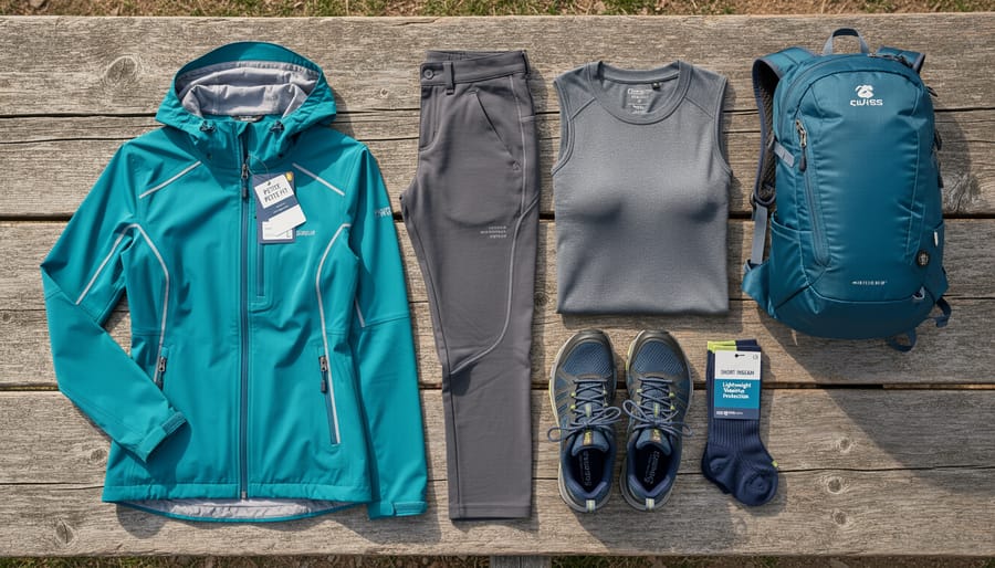 Flat-lay of trail running essentials including a sun top, tights, rain jacket, and cap on a bench near the trailhead