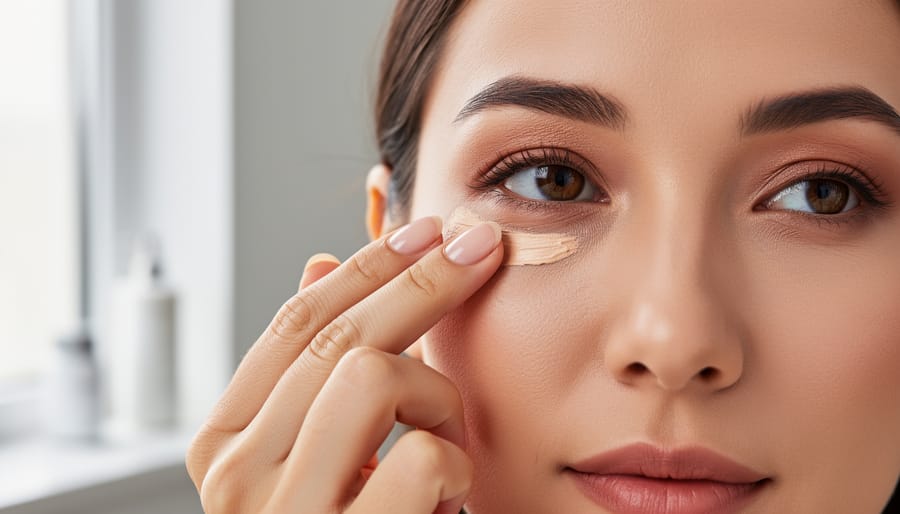 Woman applying under-eye concealer with a doe-foot applicator at a vanity in soft daylight
