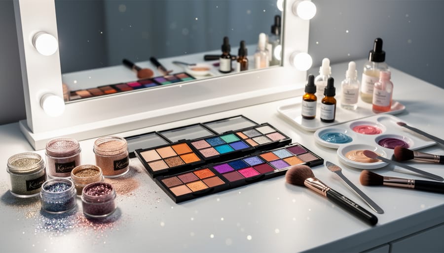 Assorted shimmer eyeshadow palettes and glitter products arranged on a makeup vanity with soft studio lighting.