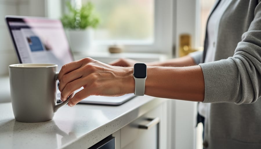 Close-up of a fitness tracker band on a small wrist beside a desk items background