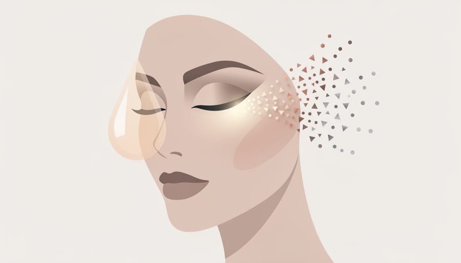 Close-up of an eye with glitter shimmer on the eyelid and a makeup brush nearby.