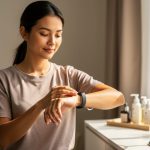 Petite woman adjusting a fitness tracker band on her wrist in a home morning setting.