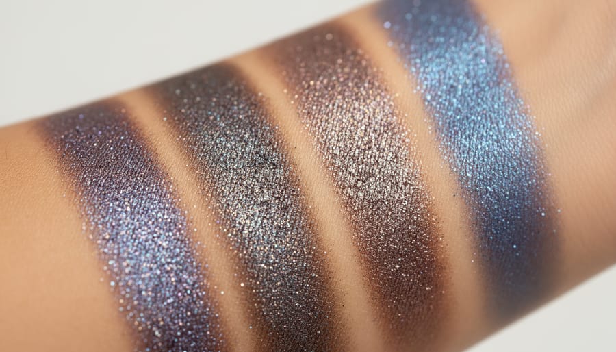 Macro close-up of duochrome pressed eyeshadow showing iridescent shimmer in a gloved hand.