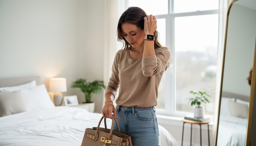 Petite woman wearing a fitness tracker on her wrist while getting ready at home
