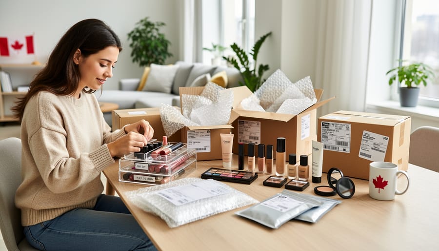 Top-down view of a makeup bag with international parcel and small cosmetics pouches on a kitchen countertop.