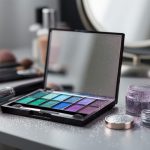 Close-up of an open makeup palette with duochrome eyeshadows and glitter pigment jars on a vanity with a makeup brush nearby.