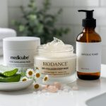 Close-up of three natural skincare product containers (mask, exfoliating pads, and glycolic toner) arranged with aloe, chamomile, and sea-mineral crystals on a clean vanity under soft daylight.