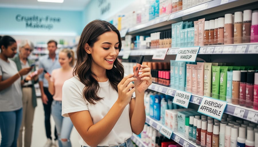 Hand reaching toward a makeup shelf in a store aisle with multiple beauty products