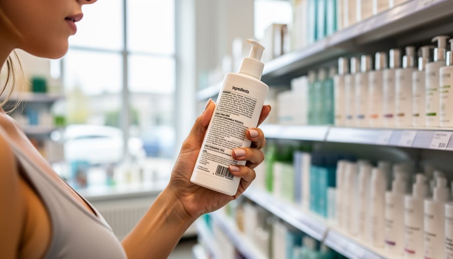 Magnifying glass inspecting skincare ingredient label area next to a serum bottle