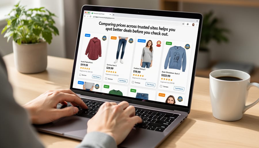Laptop and credit card on a table indicating price comparison while shopping online
