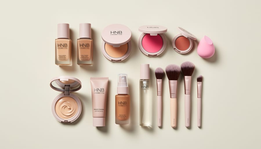Flat lay of makeup brushes and complexion products on a clean white vanity