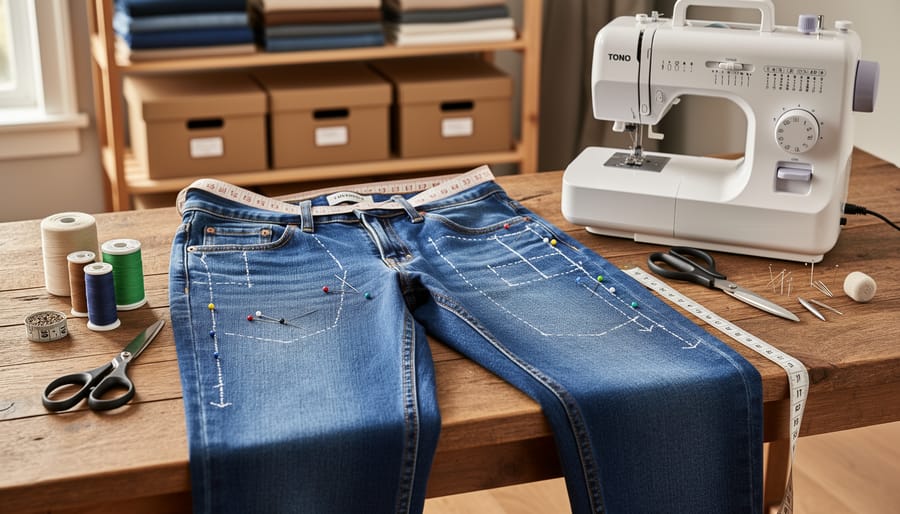 Sewing kit tools and folded denim jeans on an ironing board for DIY alterations.