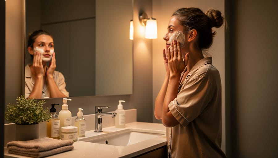 Person applying facial moisturizer during an evening routine