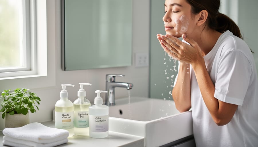 Person gently washing their face with cleanser at a bathroom sink