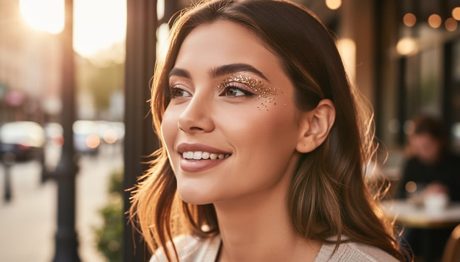 Woman applying a glitter topper to her eyelid while looking into a compact mirror in warm sunlight.