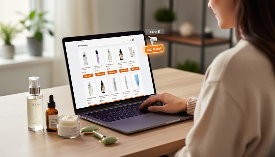 Woman’s hands placing skincare and wellness items into a tote while using a smartphone with a blurred shopping cart view