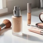 Flat lay of a foundation bottle, concealer product, and makeup brush on a clean white vanity background in warm neutral tones.