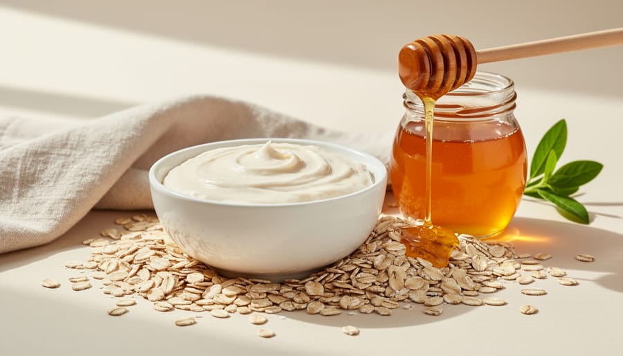 Close-up of honey droplets and oat grains in a glass dish
