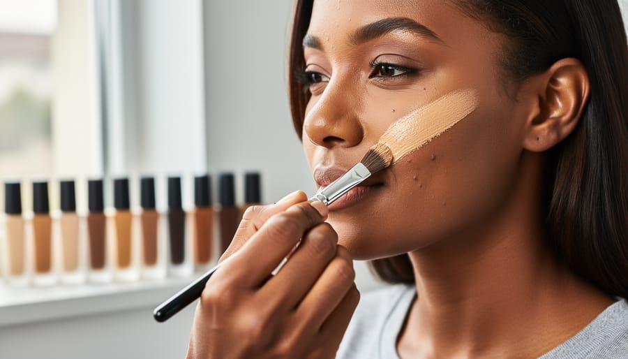 Close-up of a person applying concealer with a makeup brush on the cheek and under-eye
