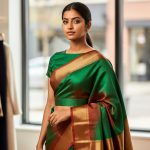Petite woman wearing a vibrant semi Kanchipuram silk saree with a modern drape in a sunlit boutique, showcasing the silk’s detailed texture and gold zari accents.