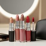 Close-up of multiple lipstick shades arranged on a vanity with a small makeup pouch and compact in soft lighting.