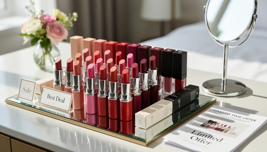 Close-up of several lipstick shades on a vanity with a makeup pouch and compact in soft lighting