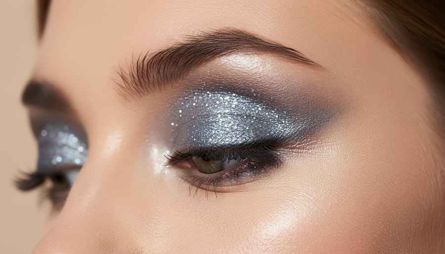 Close-up of a makeup brush depositing shimmering eyeshadow on skin with sparkling finish.