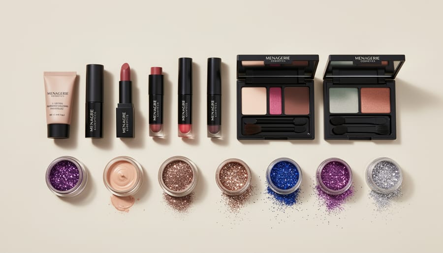 Flat lay of indie makeup products including an eyeshadow palette, matte liquid lipstick, and glitter topper arranged with brushes and a clutch.