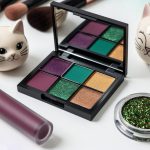 Flat lay of an eyeshadow palette, matte liquid lipstick, and metallic glitter topper with animal-themed cosmetic packaging on a vanity.