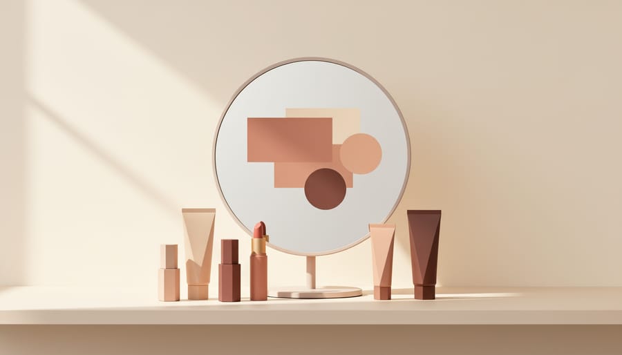 Reflection in a makeup mirror showing flattering lipstick tones with a shopping bag in soft light