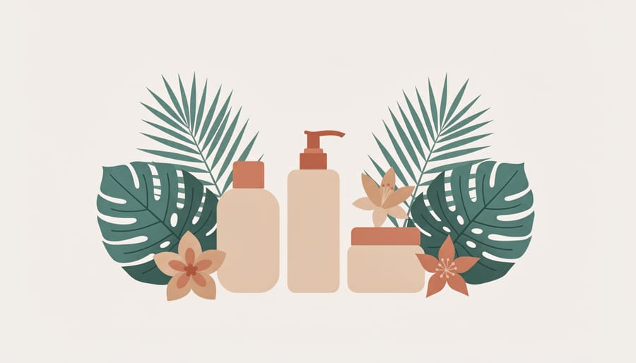 Unlabeled skincare products arranged with aloe leaves, mango, and tropical flowers on light linen