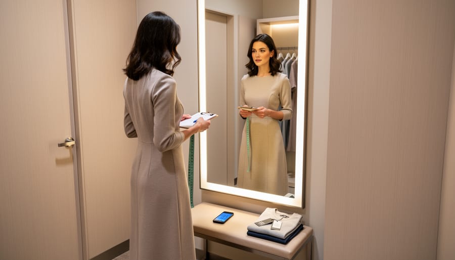 Petite woman trying on a midi dress in a fitting room while holding a measuring tape and hemming supplies.